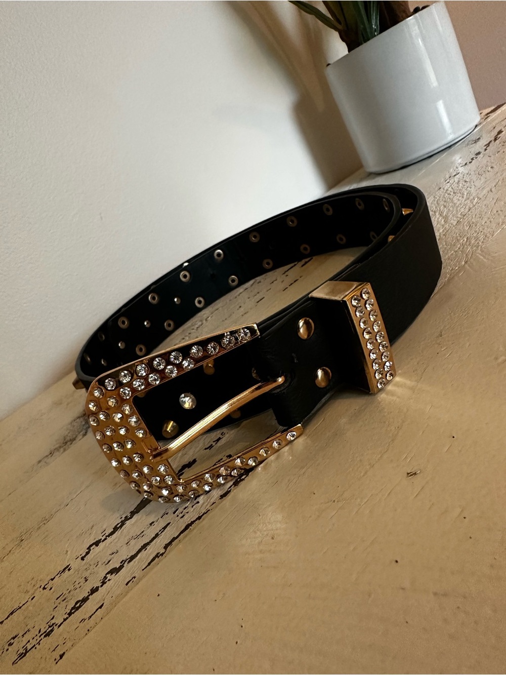 Black Women's Rhinestone and stud embellished Belt - Gold Accents